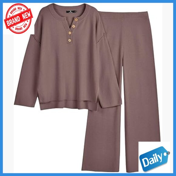 Oversized Knit Lounge Set Long Sleeve Crewneck Pull-On Pants Medium